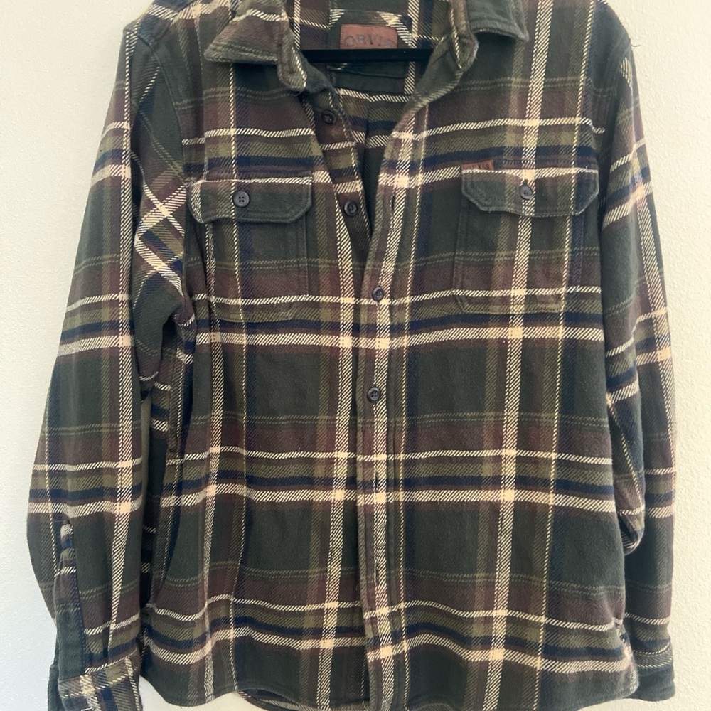Orvis Utility Jacket Women Medium Olive Green Brown Plaid Cotton Shacket 1312517